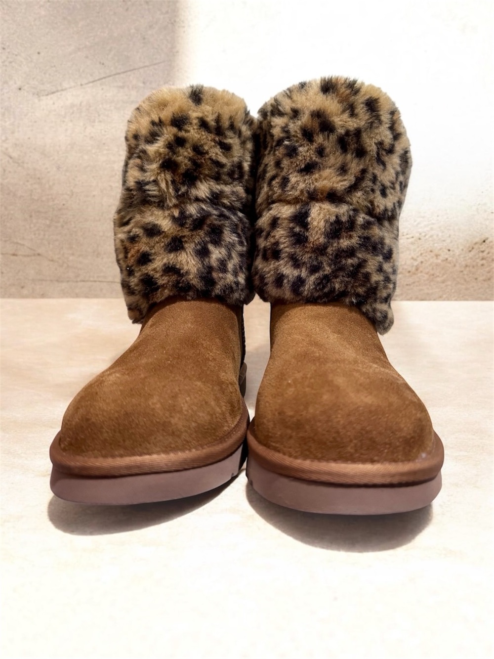 UGG Koolaburra Tan Suede Ankle Boots with Leopard Faux-Fur Cuff - Picture 4 of 16